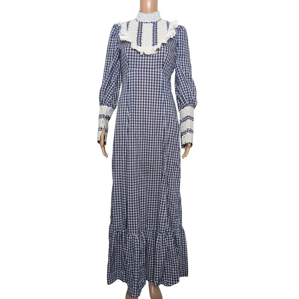 Handmade Blue Gingham Prairie Maxi Dress Eyelet Lace Victorian Small